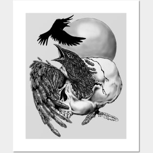 Raven in Human Skull Surreal Tattoo Posters and Art